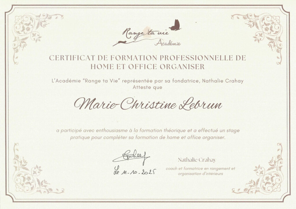 Diplôme home organizer certifiée